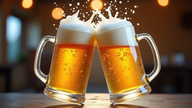 Brindis entre dos jarras de cerveza heladas