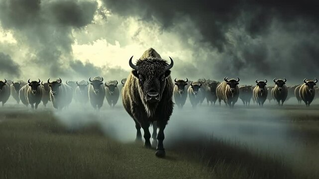 A herd of bison in a field, dramatic sky