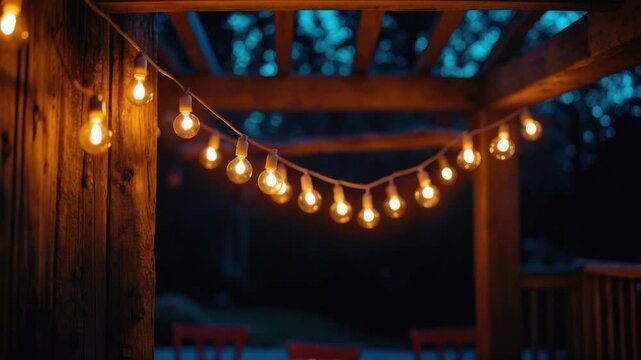 Warmly lit rustic outdoor space adorned with glowing string lights hanging from a wooden structure, creating an inviting ambiance in the twilight.