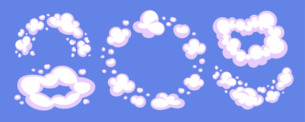 Fototapeta premium Cartoon cloud vector with comic smoke and cloud puffs on a violet blue background. White and light purple cloud elements in playful cartoon style. Ideal for kids graphics, comics, packaging, games
