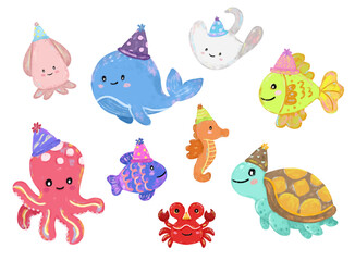 Fototapeta premium set collection of Cute hand drawn ocean sea beach animals creatures wearing birthday party hat colorful pastel colors character doodle illustration kids summer celebration crayon watercolour sticker
