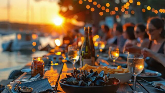 Mediterranean dinner with sea view. A glass of wine, mussels, and other snacks. Romantic evening. 