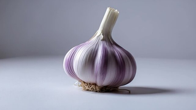 Fresh, single bulb of garlic with vibrant purple and white striped skin, resting on a smooth surface, highlighting its natural textures and earthy roots.