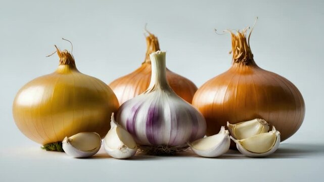 Colorful assortment of onions including yellow and brown varieties alongside a purple garlic bulb with garlic cloves arranged around them, set against a clean white background.