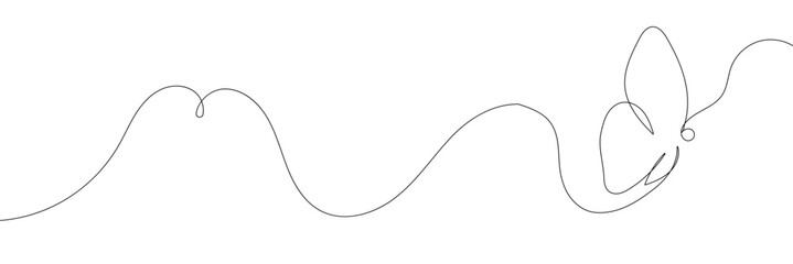 Butterfly in One continuous line drawing. Beautiful flying moth for wellbeing beauty or spa salon logo and divider concept in simple linear style. Editable stroke. Doodle vector illustration.