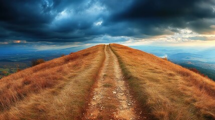 Mountain path under dramatic sky. Autumnal landscape