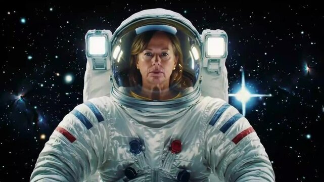 A futuristic 3d cyborg astronaut with a black helmet encounters an alien on the moon under a distant star