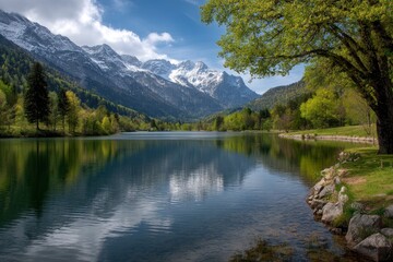A serene lake reflects snowcapped mountains beneath a partly cloudy blue sky framed by lush green forests and a large tree