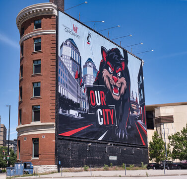 Banner promoting the University of Cincinnati Bearcats sports in downtown Cincinnati Ohio USA 2025 