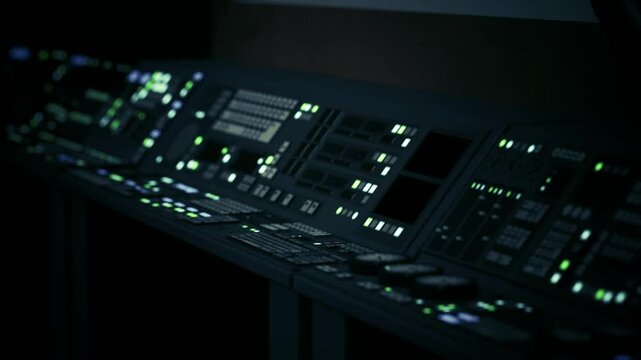 The control panel in a sci fi laboratory features numerous illuminated buttons and displays, suggesting a high tech environment focused on innovative experiments and advanced research activities.