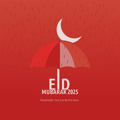 Eid mubarak greetings post design. Islamic festival Qurbani eid wish, greeting background design with rainy day effect, raindrops, crescent, umbrella and sky. Eid ul adha mubarak vector illustration.