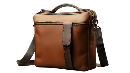 Elegant Brown Leather Messenger Bag or Briefcase with a Front Flap and Top Handle Isolated on a White Background Perfect for Business and Travel Accessories.
