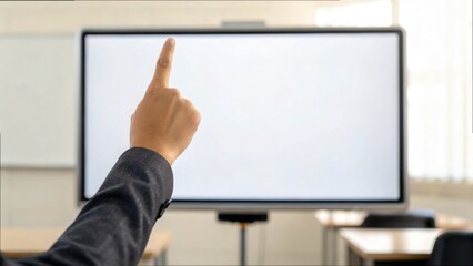 Tutor Pointing at Blank Whiteboard in Classroom Setting