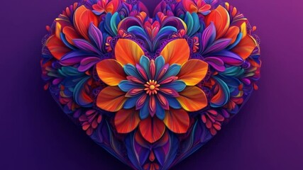 Vibrant heart-shaped floral design with colorful petals and intricate patterns on a purple background - Powered by Adobe