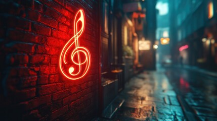 Neon music note sign on brick alleyway at night