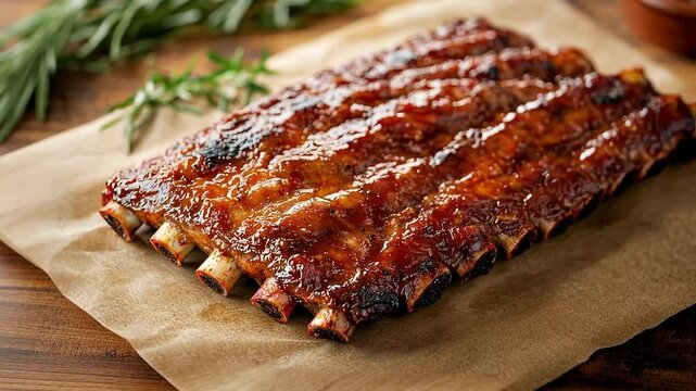Close Up of Delicious Grilled Ribs with Brown Sauce on a Wooden Table with Fresh Herbs