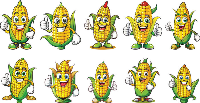 set of happy corn cartoon character vector illustrations, corncob mascot logo
