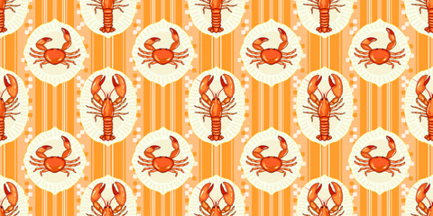 Mediterranean seaside summer seafood concept culinary theme seamless pattern. Hand drawn crab and lobster served on a plate on orange striped tablecloth background print design vector illustration