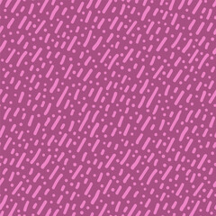 Seamless pattern of pink hand-drawn dashes and dots on a purple background. Ink texture with crosshatch and scribble feel. Great for stationery, textile, and digital. Drag to swatches panel to use.