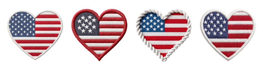 Heart shaped patches with American flag design in various embroidery styles, patriotic and colorful textile art