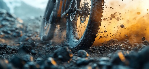 Mountain biking adventure: close-up of a bicycle wheel in action on rocky terrain