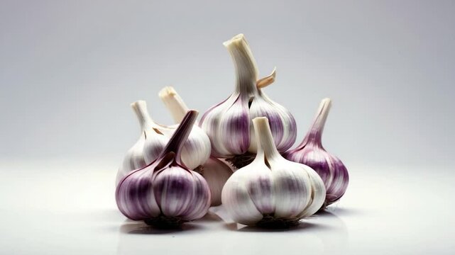 Cluster of fresh garlic bulbs with vibrant purple and white skin, showcasing their distinct textures and shapes against a clean, bright background. Perfect for culinary displays.
