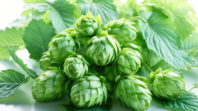 Freshly harvested green hop cones arranged among vibrant green leaves, showcasing their unique spiral shape and textured surfaces, perfect for brewing or culinary use.
