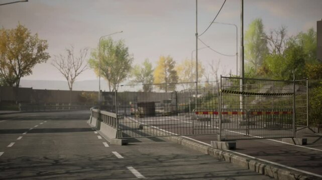 A quiet urban location features an abandoned road section marked by barriers. Surrounding trees show signs of seasonal change, creating a tranquil atmosphere.