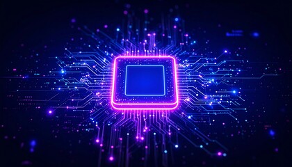 Obraz premium Neonlit computer processor with glowing circuit board, and future tech background.