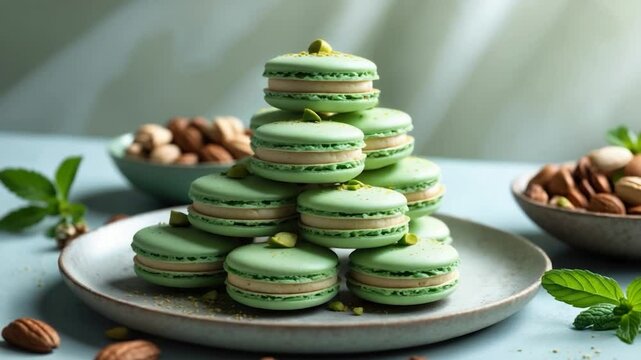 Aesthetic display of green macarons stacked elegantly on a pale plate, surrounded by assorted nuts and fresh mint leaves, highlighting their delicate texture and pastel color.