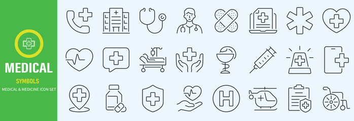 Hospital Line Editable Icons set. Vector illustration in modern thin line style of medicine related icons doctor, ambulance, treatment, and more. Pictograms and infographics