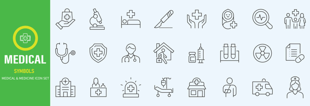 Hospital Line Editable Icons set. Vector illustration in modern thin line style of medicine related icons doctor, ambulance, treatment, and more. Pictograms and infographics