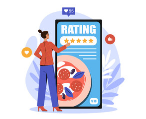 Woman giving five-star rating to food on large smartphone screen, flat cartoon style, abstract background with leaves, concept of online food review. Vector illustration