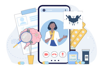 A female doctor appears on a smartphone screen for an online mental health consultation, surrounded by brain, pills, documents, and test tools. Vector illustration