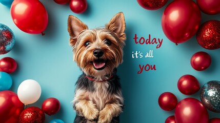 A dog is standing in front of a bunch of red balloons with the words "Today it's