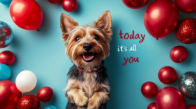 A dog is standing in front of a bunch of red balloons with the words "Today it's