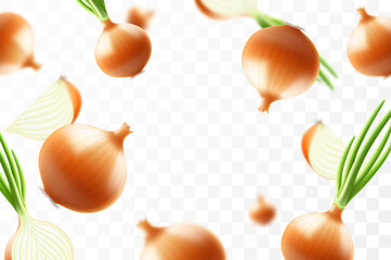 Falling onion, isolated on transparent background, selective focus. Flying onion with blurry effect. Can be used for advertising, packaging, banner, poster. Realistic 3d vector illustration