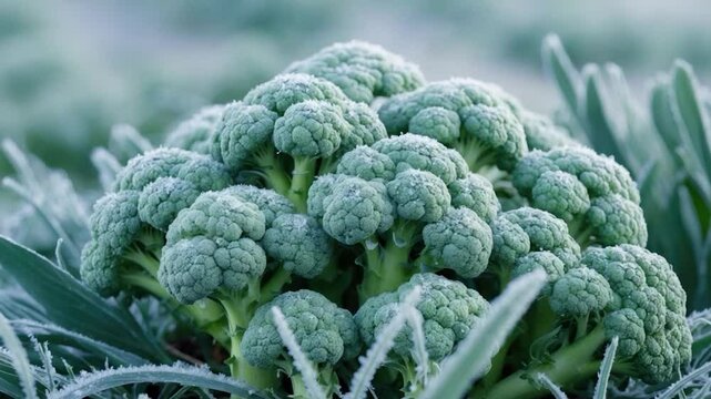 Frost-covered broccoli heads nestled among green leaves in a serene, chilly atmosphere, showcasing their rich color and intricate texture in a fresh garden setting.