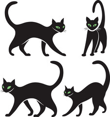 Vector illustration of stylized black cats with green eyes in various poses suitable for halloween designs or general cat related projects
