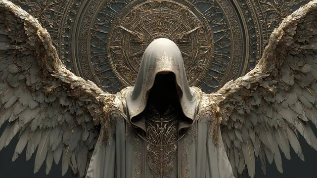 Mystic angel with wings cloaked in shadow amidst celestial architecture backdrop