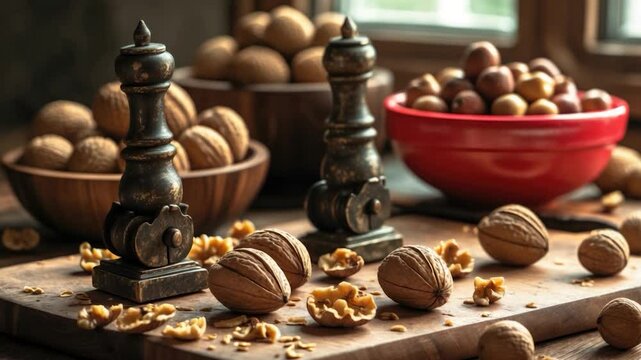 Vintage wooden nutcrackers beside shelled and unshelled nuts on a rustic wooden table, with bowls of assorted nuts in the background, creating a warm, cozy kitchen atmosphere.