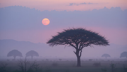 Fototapeta premium Serene Savannah Sunset A Lone Tree in the Mist