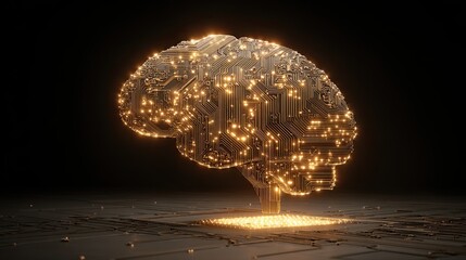 Glowing brain shaped circuit board representing artificial intelligence