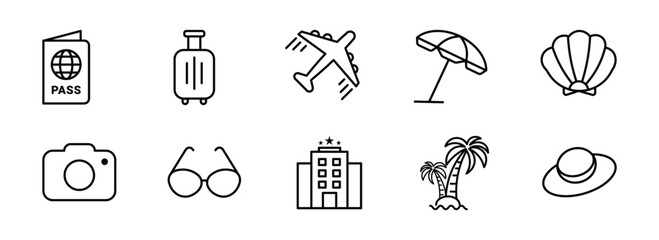Obraz premium summer travel icon set. holiday tour icons for app and website containing hotel sun camp mountain drink plane island. stock vector.