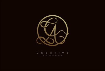 Fototapeta premium Abstract initial letter CA calligraphy Logo, Luxury letter CA in gold circle design, vector illustration