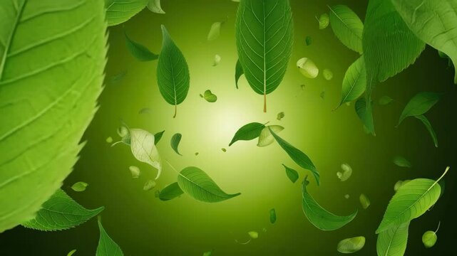 Green leaves float mid-air against a glowing backdrop, creating a lively, tranquil display.