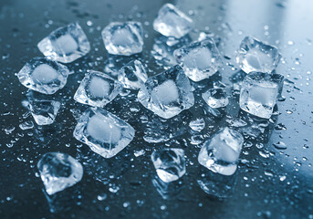 Scattered clear ice cubes with water droplets on a dark, reflective wet surface, creating a cool, fresh, and refreshing abstract still life.
