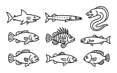 Predatory fish silhouette icons set &ndash; outline, aquatic and marine animal symbols