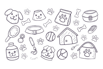Fototapeta premium Hand Drawn Dog Accessories and Pet Supplies Doodle Set. Bowls, Bones, Toys, Grooming Items, Paw Prints, Treats, and Dog House Icons vector illustration.