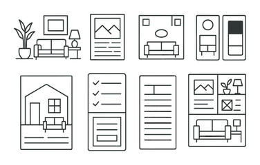 Stylish interior concepts line icons set – outline, home decor and room design elements